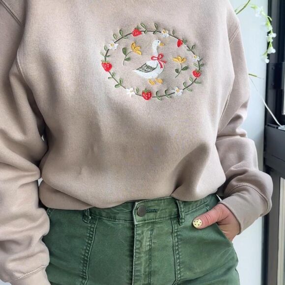 Source Unknown Tops - NWT Beige embroidered silly goose strawberry crewneck